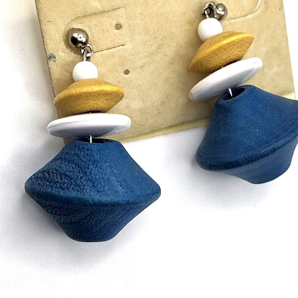 Vintage 60s Wood BauHaus Style Beaded Earrings Blue and Yellow 1.75in
